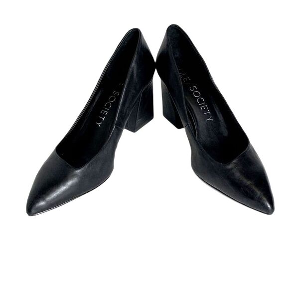 Sole Society Elle Black Pointed Toe Asymmetrical Vamp Block Heel Pumps Size 10 - Picture 2 of 10